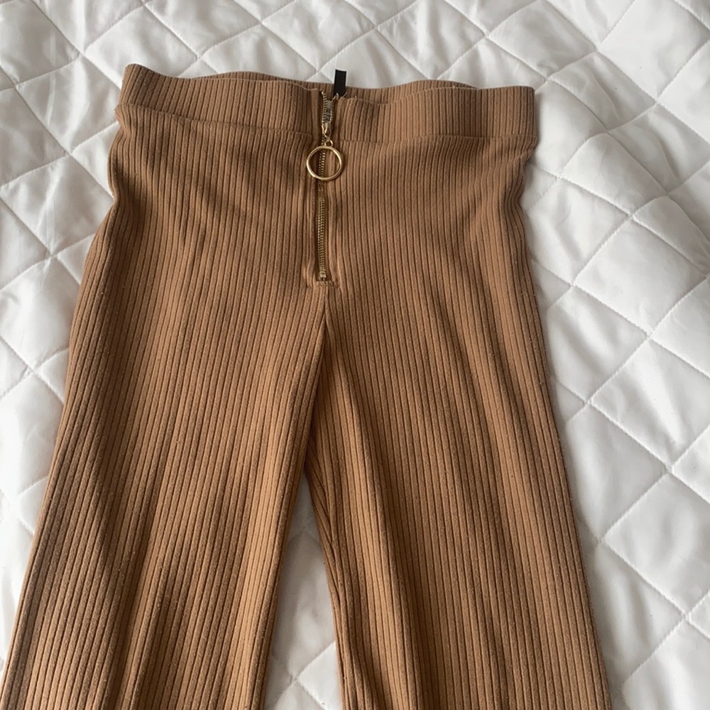 Tan Ribbed Flare Pants